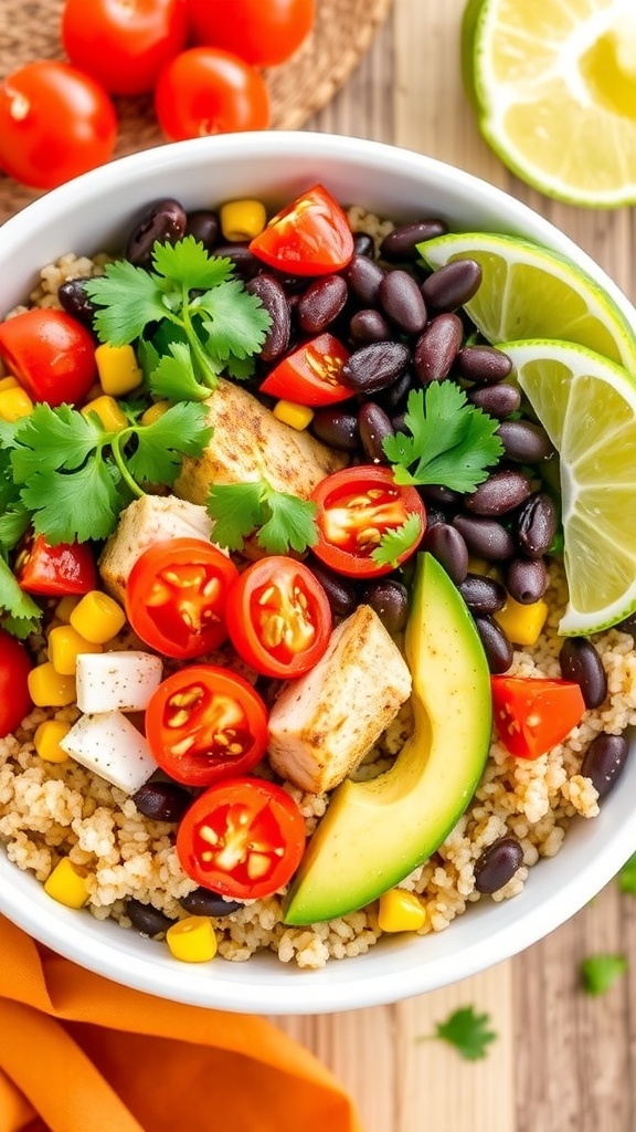 A colorful quinoa chicken taco bowl with chicken, black beans, corn, tomatoes, and avocado, garnished with cilantro and lime.